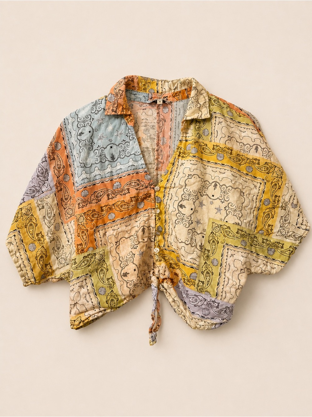 Rachel Zoe Linen Blend Bandana Paisley Patchwork Tie Front Crop Top M